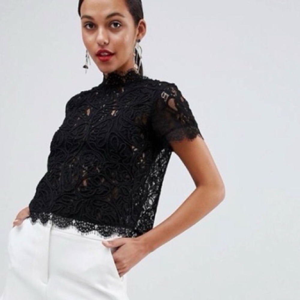 Black Lace Short Sleeve Mock Neck Top